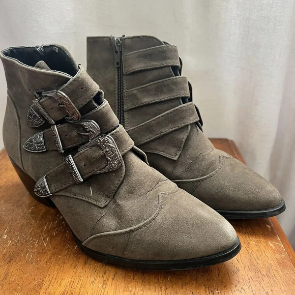 Truffle Ankle Boots Womens 5.5‎ Green Suede Leather Buckle Strap Booties Western - Picture 7 of 12